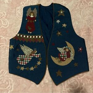 Christmas unixe Blue Vest with Angel and Star Appliqué